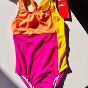 Speedo Girls' Colorblock One-Piece Swimsuit in Hot Pink, Orange & Yellow